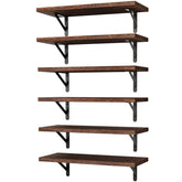 YGEOMER front view of six brown floating shelves showing overall set and packaging benefit space-saving