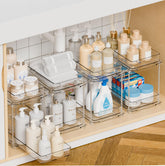 Yieach front view of clear under-sink organizer showing tidy storage benefit