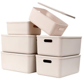 Yishyfier front view of six lidded baskets showing neat storage benefits