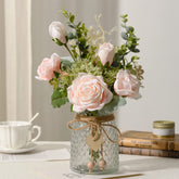 YJ pink silk rose bouquet front view showing full vase and blooms, adds instant charm