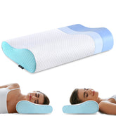 Ylekto front view of pillow showing shape and packaging, highlights ergonomic benefit