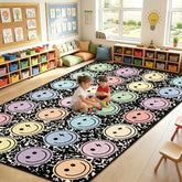 Yomjress front view of composition notebook rug shows playful design and group seating benefit