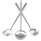 YOSUKATA front view of three-piece stainless steel wok utensil set, durable and professional