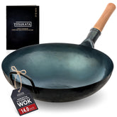 YOSUKATA front view of 14-inch blue carbon steel wok showing full profile and benefit high-heat cooking