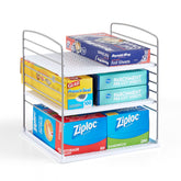 YouCopia front view showing organized wrap boxes and tidy cabinet benefit