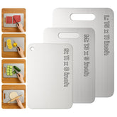 YoYoulee front view of three titanium cutting boards showing sizes and packaging, durable storage benefit