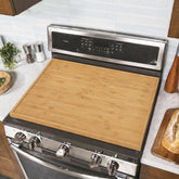 YUHFERA front view bamboo stove cover showing clean protective surface and fit