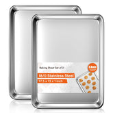 Yuiicaov front view of two baking sheets showing durable construction and ready-to-use benefit