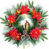YULETIME wreath front view showing full nativity scene and warm glow