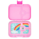 Yumbox front view showing compact colorful power pink rainbow design and portability