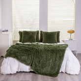 YUSOKI olive green blanket front view showing plush look and cozy benefit