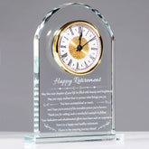 YWHL glass retirement clock front view showing elegant arch and clock—refined gift presentation