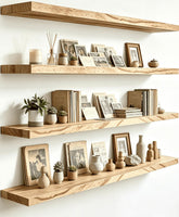 YYWUOJJ front view of light walnut floating shelves showing clean design and quick install benefit