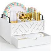 Zecela front view of paper plate dispenser showing organized compartments and quick access