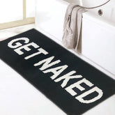 Zeeinx front view showing black rug and white Get Naked text for bold decor