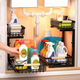ZELOREA front view of under-sink organizer showing neat two-tier storage and easy access