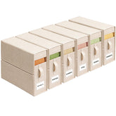 ZenStorage front view showing six beige organizers neatly stacked, saves closet space