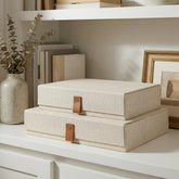 ZICOTO front view of linen storage boxes showing decorative lids and neat storage benefit