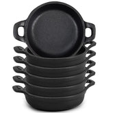Ziliny front view of six mini cast iron skillets showing classic black finish and set benefit