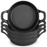 Ziliny front view of four mini cast iron skillets showing durable construction and value