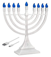 Zion Judaica front view menorah showing nine-branched blue LED flame bulbs and elegant body