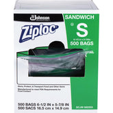 Ziploc box of 500 clear sandwich bags showing brand and bulk supply benefit