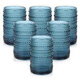 ZMOWIPDL front view of six blue hobnail glasses showing set and elegance