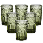 ZMOWIPDL front view of six green glasses set, ready for entertaining