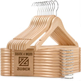 ZOBER front view of 20-pack wooden hangers showing balanced organization benefit