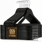 ZOBER front view of 20-pack black wooden hangers, organized closet benefit
