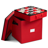 ZOBER ornament box front view in red showing compact, stackable design and handle