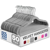 ZOBER front view of 50-pack gray velvet hangers showing neat storage benefit