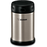 Zojirushi food jar front view showing black stainless finish and compact shape for portability