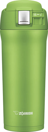 Zojirushi travel mug front view showcasing lime green finish and compact shape for easy carrying