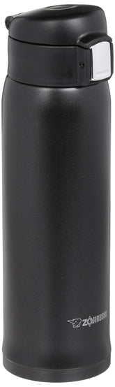 Zojirushi black matte mug front view showing sleek design and portability benefits