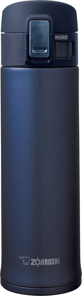 Zojirushi smoky blue front view showing sleek mug and secure lid benefit portability