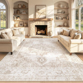 Zomfy front view of beige medallion rug showing retro style and room impact benefits
