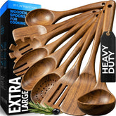 Zulay Kitchen front view of full 9-piece teak utensil set, durable and elegant