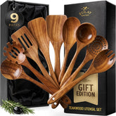 Zulay Kitchen front packaging showing full 9-piece teak set and gift box benefit