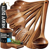 Zulay Kitchen front packaging of 12-piece teak utensil set showcasing gift box and crock benefits