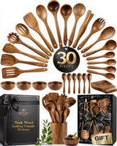 Zulay Kitchen front packaging showing full 30-piece teak utensil set and gift box benefit