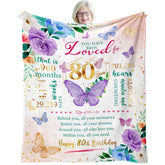 ZWERIVP 80th birthday blanket front view showing butterflies and flowers for a sentimental gift