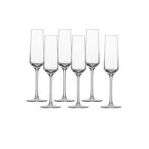 Zwiesel Glas front view of six champagne flutes showing elegant shape and table appeal