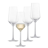 Zwiesel Glas Pure set of four flutes front view shows elegant design and clarity