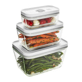 ZWILLING glass set front view showing three vacuum containers and lids, durable serving