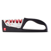 ZWILLING sharpener front view showing labeled slots and stable base for accurate sharpening