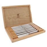 ZWILLING front view of eight steak knives showing polished finish and gift box benefit