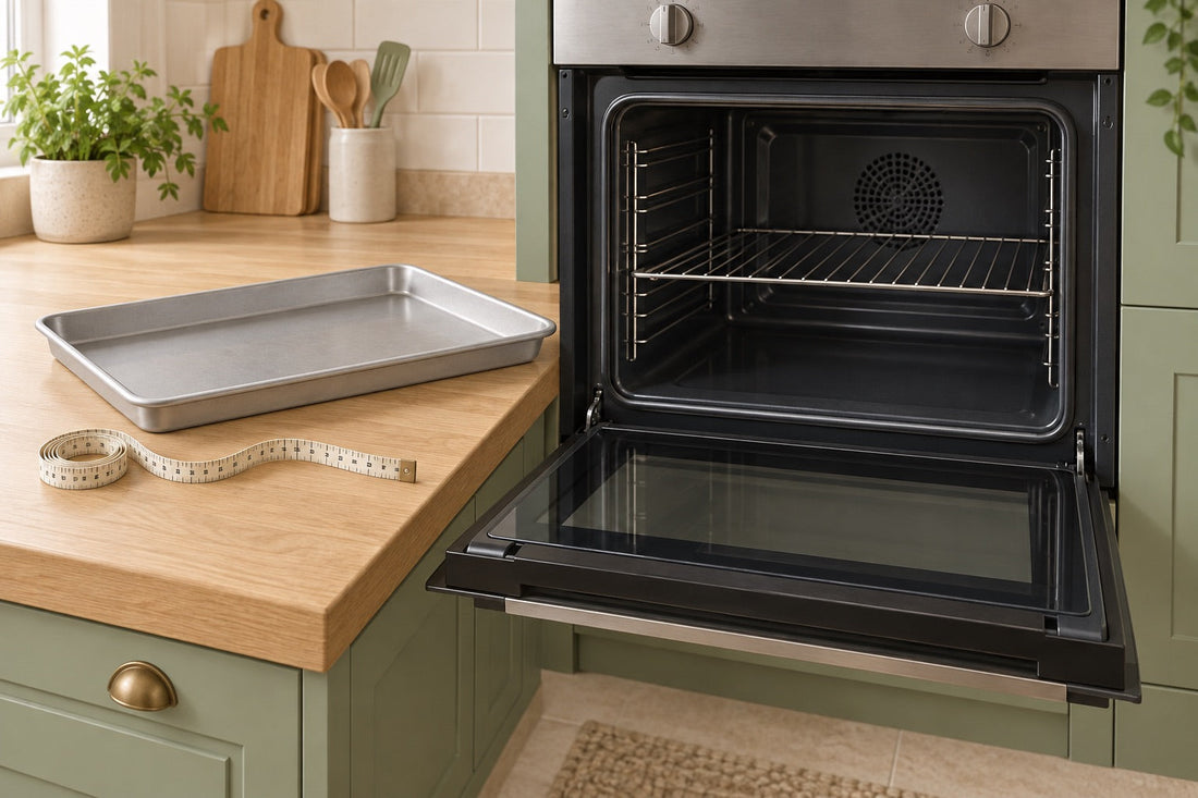 Illustration of a baking tray and measuring tape on a worktop beside an open, switched-off oven.