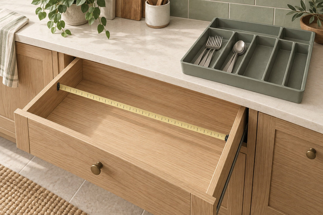 Illustration of a tape across the inside of an open kitchen drawer, with a cutlery organiser on the worktop.