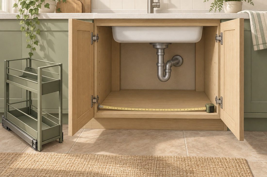 Illustration of an open under-sink cupboard with pipework, a measuring tape and a separate pull-out organiser.